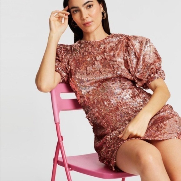 Rotate Birger Christensen Dress NWT Katie Mini Puff Sleeve Dress Holographic S - Picture 8 of 15